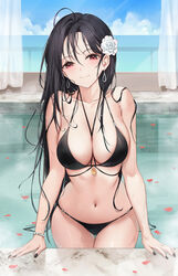 ahoge arm_support bare_arms bare_shoulders bead_bracelet beads between_breasts bikini black_bikini black_hair black_nails black_swimsuit bracelet breasts cleavage dangle_earrings e_myo earrings female female flower hair_flower hair_ornament halterneck high_resolution jewelry large_breasts long_hair looking_at_viewer nail_polish navel original partially_submerged petals petals_on_liquid pool poolside red_eyes skindentation smile solo stomach string_bikini swimsuit tagme thigh_gap thighs very_long_hair wading water wet yumaomi