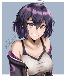 1girls blue_background cleavage coat fire_emblem fire_emblem_awakening hair_between_eyes large_breasts looking_at_viewer medium_hair morgan_(fire_emblem) morgan_(fire_emblem)_(female) nintendo off_shoulder purple_hair smile solo tank_top zet_(twt_zet)