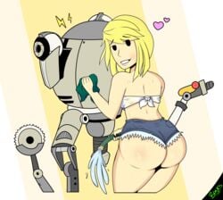 ass back_view bigbonesart car_wash carwash codsworth fallout jean_shorts mob_face mr._handy tease teasing vault_girl wet wet_clothes