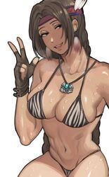 absurd_res alluring animal_print big_breasts bikini braid breasts brown_eyes brown_gloves brown_hair cleavage earrings female female_abs fingerless_gloves gloves hanny_(uirusu_chan) headdress high_res jewelry julia_chang leather leather_gloves long_braid long_hair looking_at_viewer namco native_american native_american_headdress necklace parted_lips print_bikini revision self_shot smile strap_gap sweat swimsuit tan tassel tassel_earrings tekken tekken_7 tekken_tag_tournament_2 twin_braids v voluptuous white_background zebra_print