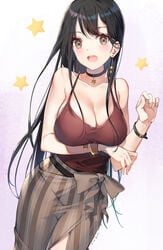 :d artist_name black_hair blush bracelet breast_hold breasts brown_eyes camisole choker cleavage cowboy_shot dutch_angle e_myo earrings eyebrows_visible_through_hair female female happy jewelry large_breasts long_hair long_skirt looking_at_viewer open-mouth_smile open_mouth original ribbon side-tie_skirt sidelocks single_earring skirt smile solo tagme wristband yumaomi