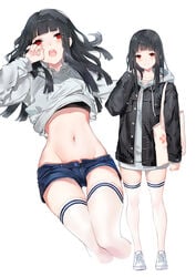 1girls 2020s 2021 :o alternate_clothing bag bangs black_coat black_hair black_jacket blue_bottomwear blunt_bangs blush buttons crop_top crop_top_hoodie denim denim_shorts drawstring dress duo e_myo empty_eyes exposed_belly eyebrows_visible_through_hair female female_only grey_hoodie grey_topwear groin hand_up high_resolution high_thighs hood hood_down hoodie hoodie_dress hoodie_lift jacket long_hair long_sleeves looking_at_viewer lying manga micro_shorts midriff multiple_persona multiple_views navel no_pupils on_back open_clothes open_fly open_jacket open_mouth original pantsu panty_peek red_eyes shiny_hair shoes short_shorts shorts shoulder_bag sidelocks smile sneakers solo standing stomach tagme thighhighs thighs tomboy two_tone_socks undershirt underwear unzipped white_footwear white_legwear yawning yumaomi zettai_ryouiki