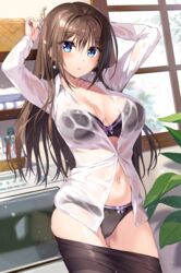 :o arms_up bangs black_bra black_legwear black_panties black_underwear blue_eyes blush boku_no_kanojo_sensei bow bow_bra bow_panties bra bra_visible_through_clothes breasts brown_hair collared_shirt cowboy_shot earrings eyebrows_visible_through_hair female fujiki_maka hair_ornament hairclip holding indoors jewelry large_breasts laundry long_hair long_sleeves looking_at_viewer navel oryou pantsu pantyhose pantyhose_pull rain see-through shirt sidelocks stomach tagme teacher unbuttoned underwear wet wet_clothes wet_shirt window