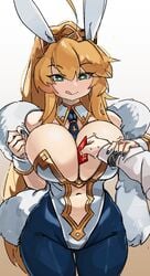 1girls :p ahoge arm_grab artoria_pendragon artoria_pendragon_(lancer) artoria_pendragon_(swimsuit_ruler) big_breasts blonde_hair blue_pantyhose bunny_ears bunny_girl bunnysuit detached_collar fate/grand_order fate_(series) female female_focus fujimaru_ritsuka_(male) fur_scarf green_eyes heart-shaped_pupils hi_res long_hair male necktie ponytail voluptuous white_background zanamaoria