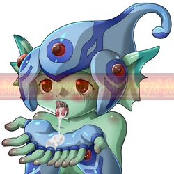 color colored consensual cum cum_in_mouth digimon digimon_(species) digimon_frontier digiphilia digital_drawing_(artwork) digital_media_(artwork) digital_painting_(artwork) green_skin open_mouth ranamon red_eyes semen semen_in_mouth sonar378 sperm tongue tongue_out white_background