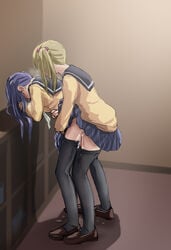 1futa 1girls aroused bangs bent_over blonde_hair blue_skirt brown_footwear classroom clothed clothed_sex clothing cum cum_on_body doggy_style duo female femsub from_behind futa_on_female futa_with_female futanari highres human implied_futanari inuyama_aoi light-skinned_female light-skinned_futanari light_skin loafers long_sleeves looking_pleasured mostly_clothed multiple_girls oogaki_chiaki pale_skin pantyhose petite plaid plaid_skirt purple_hair raitaroo school_uniform serafuku sex sex_from_behind shoes side_ponytail side_view skirt slim_waist standing standing_sex sweat swept_bangs teenage_girl teenager vaginal_penetration yurucamp