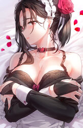 apron bangs bare_shoulders black_bra black_dress black_underwear blush bra breasts brown_hair choker clavicle cleavage closed_mouth clothes_pull clothing dress dress_pull female female flower hair_flower hair_ornament hands_on_own_chest high_resolution kfr large_breasts lingerie long_hair looking_at_viewer maid_headdress off_shoulder original ponytail red_eyes solo tagme tied_hair underwear