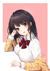 artist_name bangs black_hair blush border bow bowtie breast_rest breasts brown_eyes brown_hair coat collared_shirt dress_shirt e_myu eyebrows_visible_through_hair female female happy in_profile large_breasts long_hair long_sleeves off_shoulder original parted_lips pink_background red_bow red_bowtie red_neckwear ribbon school_uniform shirt signature simple_background smile solo striped striped_bow striped_bowtie striped_neckwear sweater tagme teeth white_border white_shirt yumaomi