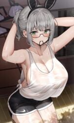 1girls 2020s 2021 armpits arms_behind_head arms_up black_shorts blush bunny_ears cleavage company_logo dolphin_shorts ecstasy eyebrows_visible_through_hair female female_focus female_only glasses green_eyes grey_hair hair_bow hands_behind_head hi_res hololive hololive_fantasy hololive_japan huge_breasts indoors kneeling kuse_(0201) logo_on_bottomwear long_hair looking_at_viewer manga nike no_bra non-nude object_in_mouth shiny_hair shirogane_noel short_hair short_shorts shorts side_boob side_knot side_slit sitting_on_knees sweat sweaty_arms sweaty_body sweaty_breasts sweaty_clothes sweaty_face sweaty_legs sweaty_tomboy tank_top thick_thighs thighs tomboy two_tone_bottomwear tying_hair virtual_youtuber wet_clothes wet_topwear white_hair white_tank_top white_topwear wooden_floor workout_clothes