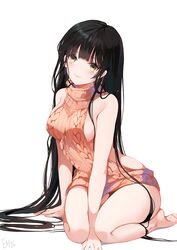 aran_sweater arm_at_side arm_support artist_name backless_outfit bangs bare_arms bare_legs bare_shoulders barefoot bent_knees between_legs big_breasts blunt_bangs breasts closed_mouth dress feet female female_only hand_between_legs head_tilt legs long_hair looking_at_viewer meme_attire naked_sweater open-back_dress original seiza sideboob simple_background sitting smile solo sweater sweater_dress tagme turtleneck turtleneck_sweater very_long_hair virgin_killer_sweater white_background yellow_eyes yumaomi