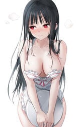 apron bare_arms bare_shoulders black_hair blush breasts clavicle cleavage clothing cowboy_shot e_myo embarrassed female female frilled_apron frills hadaka_apron high_resolution holding large_breasts long_hair looking_away looking_to_the_side nose_blush original red_eyes sidelocks simple_background solo standing tagme thighs tray v_arms white_apron white_background yumaomi