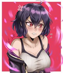 1girls anger_vein angry blue_background cleavage coat corruption embarrassed fire_emblem fire_emblem_awakening grima_(fire_emblem) hair_between_eyes large_breasts looking_away medium_hair morgan_(fire_emblem) morgan_(fire_emblem)_(female) nintendo off_shoulder purple_hair red_eyes solo tank_top zet_(twt_zet)