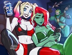 1boy 2d 2girls batman_(series) blonde_hair blue_eyes blushypixy blushyspicy bra breasts bustier choker chuck_brown cleavage clothing comedy dc dc_comics female female_focus footwear green-skinned_female green_eyes green_skin handwear harleen_quinzel harley_quinn harley_quinn_(2019) harley_quinn_(series) kite_man looking_at_viewer male pamela_isley poison_ivy poison_ivy_(harley_quinn) red_hair thighhighs tripping