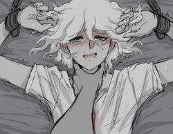 2boys blush bound bound_wrists choking clothed clothing crying crying_with_eyes_open danganronpa danganronpa_2:_goodbye_despair drooling first_person_view furrowed_eyebrows gay greyscale looking_at_viewer male male/male male_focus male_only monochrome nagito_komaeda open_mouth pov restrained saliva saliva_drip saliva_trail shirt solo_focus straight_hair tearing_up tears tied tied_hands tied_up yaoi yndr4hope