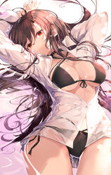 arms_up bikini black_bikini black_hair black_swimsuit breasts female female high_resolution kooemong large_breasts long_hair looking_at_viewer lying on_back original red_eyes see-through shirt solo summer swimsuit tagme very_long_hair wet wet_clothes white_shirt