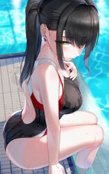 ass black_hair black_swimsuit breasts competition_swimsuit earrings feet_out_of_frame female golden_eyes hand_on_chest hand_on_own_chest high_resolution jewelry kfr large_breasts long_hair one-piece_swimsuit original partially_submerged ponytail pool poolside soaking_feet solo swimsuit tagme tank_suit thighs tied_hair water wet wet_clothes wet_swimsuit yellow_eyes