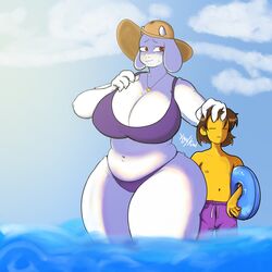 1boy 1girls anthro beach big_ass big_breasts bigger_female bikini bikini_top brown_hair chubby chubby_female closed_eyes clothed curvy emotionless frisk furry furry_ass furry_breasts furry_ears goat goat_horns grabbing_from_behind huge_ass huge_breasts male/female mature_female milf monster_girl mother mother_and_son necklace nervous nervous_smile older_female purple_clothing red_eyes simple_background smaller_male straw_hat sweat sweaty taller_girl thick_thighs toriel undertale voluptuous white_hair xyakiwi yellow_skin