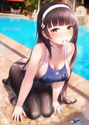 1girls bangs bare_shoulders black_hair black_legwear blue_swimsuit blunt_bangs blush breasts brown_eyes brown_hair clavicle cleavage competition_swimsuit female girls'_frontline hair_in_mouth hairband high_resolution large_breasts long_hair looking_at_viewer medium_breasts mouth_hold one-piece_swimsuit pantyhose pantyhose_under_swimsuit shirosaba solo swimsuit tagme tank_suit type_95_(girls'_frontline) wet wet_clothes wet_swimsuit white_hair_ornament white_hairband yellow_eyes