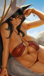 1girls ahri animal_ears beach belly_button big_breasts bikini eu03 female female_only gold_eyes jewelry league_of_legends nail_polish slit_pupils solo_female swimsuit swimwear tagme tail tan_skin