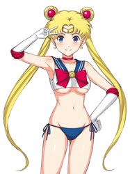 1girls adapted_costume archway_of_venus armpits bangs bare_shoulders bikini bikini_bottom bishoujo_senshi_sailor_moon blonde_hair blue_bikini blue_bikini_bottom blue_eyes blue_ribbon blue_sailor_collar bow breasts choker clavicle closed_mouth clothed clothing cowboy_shot crescent crescent_earrings double_bun earrings elbow_gloves female female_only gloves gluteal_fold hand_on_hip headpiece high_resolution jchoy jewelry long_hair looking_at_viewer medium_breasts navel one_arm_up parted_bangs pink_choker pose red_bow ribbon sailor_collar sailor_moon side-tie_bikini simple_background small_breasts smile solo solo_female standing stomach swimsuit tagme tareme thighs tied_hair twintails underboob usagi_tsukino v very_long_hair white_background white_gloves