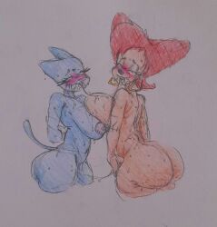 2girls anthro_only asymmetrical_docking big_breasts breasts cartoon_network crossover disney drooling female furry goof_troop joe_nutz large_breasts nicole_watterson nude_female peg_pete saliva_string sketch the_amazing_world_of_gumball tongue_out traditional_media_(artwork)