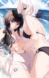 2girls bangs bare_shoulders bikini black_bikini black_hair black_swimsuit blue_eyes blunt_bangs blush breasts brown_eyes choker day expressionless female kooemong large_breasts long_hair looking_at_viewer medium_breasts multiple_girls original outdoors shorts sidelocks swimsuit tagme thigh_strap thighs water white_bikini white_hair white_swimsuit wristband yuri