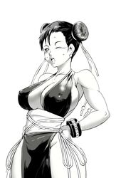 1girls big_breasts breasts busty capcom child_bearing_hips chinese_clothes chun-li chun-li_(battle_ouffit_sfiv) cleavage cleavage_cutout edit erect_nipples_under_clothes female female_only hair_buns hands_on_hips hips huge_breasts monochrome muscles no_panties noq open_mouth solo street_fighter sweat thick_thighs third-party_edit voluptuous wide_hips