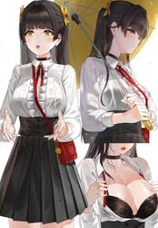 bangs black_bra black_hair black_skirt black_underwear bra bra_visible_through_clothes breasts choker clavicle cleavage eyebrows_visible_through_hair female female high_resolution holding holding_umbrella kfr large_breasts long_hair long_sleeves multiple_views open_mouth original pleated_skirt red_bag see-through skirt solo tagme umbrella underwear wet wet_clothes white_background yellow_eyes