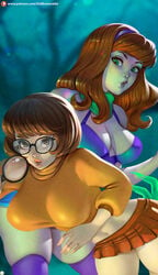 2girls big_breasts breasts cleavage daphne_blake didi_esmeralda female female_only hanna-barbera large_breasts scooby-doo signature text thick_thighs velma_dinkley