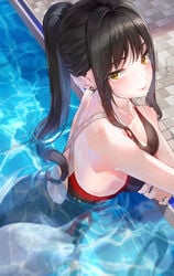 ass bangs bare_shoulders black_hair blush breasts brown_eyes clavicle cleavage competition_swimsuit day ear_piercing earrings female female high_ponytail high_resolution highleg highleg_swimsuit jewelry kfr large_breasts long_hair looking_at_viewer one-piece_swimsuit original outdoors partially_submerged piercing ponytail pool sidelocks smile solo swimsuit tagme tank_suit tied_hair water wet yellow_eyes