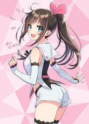 a.i._channel ass bangs blue_eyes blush breasts brown_hair cowboy_shot detached_sleeves eyebrows_visible_through_hair female from_behind hair_between_eyes happy heart high_resolution kizuna_ai kizuna_ai_inc. long_hair looking_at_viewer looking_back medium_breasts morikura_en multicolored_hair official_art open_mouth polka_dot polka_dot_background ponytail ribbon round_teeth school_uniform short_shorts shorts simple_background solo standing tagme teeth thighhighs tied_hair twitter_username uniform virtual_youtuber