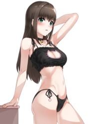 animal_lingerie arm_support armpits bell bell_choker black_bra black_panties black_underwear blush bra breasts brown_hair cat_cutout cat_ear_panties cat_keyhole_bra cat_lingerie choker cleavage cleavage_cutout clothing clothing_cutout earrings female female green_eyes hand_behind_head idolmaster idolmaster_cinderella_girls in_profile jewelry jingle_bell keyhole_bra kfr lingerie looking_at_viewer medium_breasts meme_attire navel necklace one_arm_up open_mouth pantsu shibuya_rin side-tie_panties simple_background solo tagme underwear underwear_only white_background