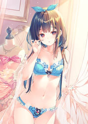 bangs bare_arms bare_shoulders black_bow black_hair blue_bra blue_nails blue_panties blue_ribbon blue_underwear bow bow_bra bow_panties bra breasts clavicle cleavage cowboy_shot curtains dress female frame frilled_bra frilled_panties frilled_underwear frills gluteal_fold hair hair_ornament hair_ribbon hand_up high_resolution holding jewelry lace_trim lamp light_particles lingerie long_hair looking_at_viewer mannequin medium_breasts miwabe_sakura nail_polish navel necklace original pantsu parted_lips pink_bow pink_dress red_eyes ribbon see-through sidelocks solo standing stomach tagme thighs twitter_username underwear underwear_only