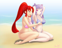 2girls arms_up beach bikini breast_hold cat_ears female female_only genshin_impact glamourpink keqing_(genshin_impact) long_hair pink_eyes purple_hair red_hair sitting summer sunbathing swimsuit tengen_toppa_gurren_lagann yoko_littner yuri