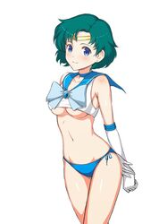 1girls ami_mizuno aqua_hair arm_behind_back bare_shoulders bikini bikini_bottom bishoujo_senshi_sailor_moon blue_bikini blue_bow blue_choker blue_ribbon blush bow breasts brooch choker closed_mouth clothing collarbone cowboy_shot crop_top earrings elbow_gloves female female_only gem gloves highres jchoy jewelry looking_at_viewer medium_breasts navel ribbon sailor_mercury short_hair side-tie_bikini simple_background small_breasts smile solo solo_female standing stomach stud_earrings swimsuit tareme thighs underboob white_background white_gloves