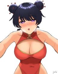 1girls 1nilla' artist_name artist_signature bangs bare_arms bare_shoulders bat_earrings black_hair blush breasts china_dress chinese_clothes cleavage cleavage_cutout clothing_cutout collarbone corona_chan coronavirus covered_navel covid-19_pandemic double_bun dress earrings eyebrows_visible_through_hair female female_focus hair_between_eyes hair_bun highres huge_breasts incoming_kiss jewelry lips lipstick looking_at_viewer makeup nose_blush original parted_lips personification plain_background pov_kiss puckered_lips purple_eyes quipao side_slit simple_background sleeveless sleeveless_dress solo white_background