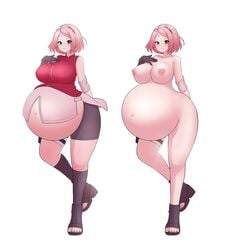 1girls absurdres areolae big_breasts boots breasts female female_only highres huge_belly junybritania knee_boots large_breasts naruto nipples open_toe_shoes pink_hair pregnant ready_to_pop sakura_haruno white_background