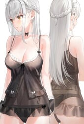 ass babydoll bare_arms bare_shoulders black_dress black_panties black_underwear bow bowtie braid breasts choker clavicle cleavage cowboy_shot cross cross_(symbol) dress duplicate earrings female grey_hair high_resolution jewelry kfr large_breasts lingerie long_hair looking_away maid_headdress multiple_views negligee nightgown orange_eyes original pantsu piercing reflection ribbon ribbon_choker see-through sidelocks simple_background single_earring sleepwear solo spaghetti_strap standing tagme tied_hair transparent_clothes underwear underwear_only white_background white_choker white_hair