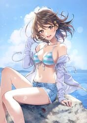 2020s 2021 :d animal bangs bare_knees bare_legs bare_shoulders beach bikini bikini_top black_hair blue_bikini blue_bottomwear blue_sky breasts brown_eyes brown_hair canvas_(morikura_en) cleavage cloud comic_market comic_market_96 crab crustacean cutoffs day denim denim_shorts drawstring droplets duo eyebrows_visible_through_hair feet_out_of_frame female floating_hair front-tie_bikini front-tie_top hair_between_eyes hair_ornament halterneck hand_up head_tilt high_resolution jacket knee_up knees large_filesize legs lens_flare long_sleeves looking_at_viewer manga medium_breasts medium_hair morikura_en navel ocean off_shoulder one_arm_up open-mouth_smile open_clothes open_jacket open_mouth open_shirt original outdoors red_shell rock scan shadow shiny_skin short_hair short_shorts shorts sitting sitting_on_rock sky sleeves_past_wrists smile solo_female stomach striped striped_bikini striped_swimsuit swimsuit tagme thighs tomboy torn_clothes two_tone_bra unbuttoned_bottomwear vacation! very_high_resolution water water_drop white_jacket white_topwear