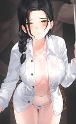 1boy black_hair blush bow bow_panties braid braided_ponytail breasts buttons cleavage closed_mouth cowboy_shot dark-skinned_male dark_skin female female green_eyes hickey high_resolution kfr large_breasts leaning_forward long_hair long_sleeves looking_at_viewer male navel no_bra open_clothes open_shirt original pantsu ponytail shirt single_braid solo_focus tagme tied_hair unbuttoned unbuttoned_shirt underwear white_panties white_shirt white_underwear