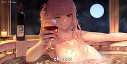 1girls bath bathtub big_breasts cheers female hololive hololive_english hololive_myth hot_spring indoors moon mori_calliope naked naked_female night nude nude_female solo solo_female tagme tamayu text tub virtual_youtuber window wine wine_bottle wine_glass