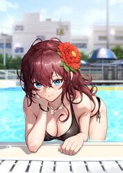 ahoge bangs bare_shoulders bent_over bikini black_bikini black_swimsuit blue_eyes blue_sky blurry blurry_background blush breasts brown_hair building chin_rest clavicle cleavage closed_mouth cloud cross cross_necklace day earrings eyebrows_visible_through_hair female female flower greem_bang hair_flower hair_ornament high_resolution ichinose_shiki idolmaster idolmaster_cinderella_girls jewelry long_hair looking_at_viewer medium_breasts necklace outdoors partially_submerged pool side-tie_bikini sidelocks sky smile solo swimsuit tagme umbrella very_high_resolution wading wavy_hair wet