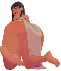 1girls ass back_view barefoot big_ass black_hair brown_eyes chel clothed dark-skinned_female datguyphil earrings feet female female_only innie_pussy kneeling licking_lips lipstick long_hair looking_back no_panties open_mouth plain_background pussy soles solo the_road_to_el_dorado thick_thighs thigh_gap tongue_out white_background