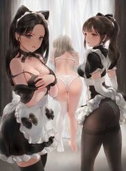 3girls animal_ears apron ass black_bra black_hair black_legwear black_underwear blue_eyes bra breasts brown_eyes choker choseon chowbie cleavage clothing curtains detached_sleeves dressing female frills gloves hair_ornament hair_ribbon high_ponytail high_resolution large_breasts long_hair looking_at_viewer lying maid maid_apron maid_dress mole mole_on_breast multiple_girls original pantsu pantyhose ponytail ribbon tagme thighhighs tied_hair underwear undressing white_gloves white_hair white_legwear white_panties white_underwear