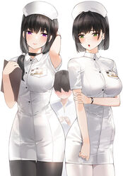 1boy 2girls black_hair black_legwear breasts buttons choker closed_mouth collared_dress dress female green_eyes group hat high_resolution kfr male multiple_girls nurse nurse_cap original pantyhose purple_eyes short_hair simple_background tagme trio watch white_background white_dress white_legwear wristwatch