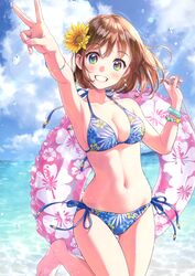 :d ahoge armpits artist_name bangs bare_knees bare_legs barefoot bikini blue_bikini blue_eyes blue_ribbon blue_sky blush bracelet breasts brown_hair canvas_(morikura_en) clavicle cleavage cloud cloudy_sky comic_market comic_market_96 dated day earrings eyebrows_visible_through_hair feet female fingernails floral_print flower glint gluteal_fold grin hair_flower hair_ornament high_resolution holding innertube jewelry knees large_filesize leg_up legs lens_flare long_fingernails looking_at_viewer medium_breasts medium_hair morikura_en multicolored multicolored_eyes nail_polish navel ocean one_arm_up open-mouth_smile open_mouth original outdoors outstretched_arm piercing pink_nails print_bikini print_swimsuit ribbon scan side-tie_bikini sign skindentation sky smile solo standing standing_on_one_leg star star_(symbol) star_earrings stomach sunflower sunflower_hair_ornament sweat swimsuit tagme teeth thigh_gap toenail_polish v vacation! very_high_resolution water water_drop wet yellow_eyes yellow_flower