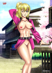 1girls bbmbbf blonde_female blonde_hair blush breasts clothing female gintama hands_behind_head kijima_matako nipples one_eye_closed outside palcomixvip.com pussy solo wink