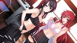 16:9_aspect_ratio 2girls andou_teruha black_bra black_eyes black_hair black_legwear black_underwear blue_eyes blush bra breasts chair choker cleavage clothes_pull cross dutch_angle female folding_chair high_resolution indoors kuroda_sayuki large_breasts looking_at_viewer matsuryuu multiple_girls navel open_clothes open_skirt panties_under_pantyhose pantsu pantyhose pink_bra pleated_skirt red_hair school_uniform shoujo-tachi_wa_kouya_wo_mezasu shoujo-tachi_wa_kouya_wo_mezasu skirt skirt_pull sweatdrop tagme thighhighs underwear undressing