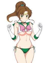 1girls ass_visible_through_thighs bikini bikini_bottom bishoujo_senshi_sailor_moon blush body_blush bow breasts brooch brown_hair choker clenched_hands closed_mouth clothing collarbone cowboy_shot crop_top female female_only gem gloves green_bikini green_choker green_eyes hands_up highres jchoy jewelry large_breasts long_hair looking_at_viewer makoto_kino navel pink_bow ponytail sailor_jupiter shiny shiny_skin side-tie_bikini simple_background small_breasts smile solo solo_female standing stomach swimsuit tareme thigh_gap underboob w_arms white_background white_gloves