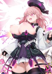 1boy 2girls ayla_(punishing:_gray_raven) blonde_hair breasts breasts_out clothed horns karenina_(punishing:_gray_raven) large_breasts lee_(punishing:_gray_raven) nosebleed pink_eyes pink_hair punishing:_gray_raven robot_girl shanyao_jiang_tororo surprised thick_thighs white_hair yellow_eyes